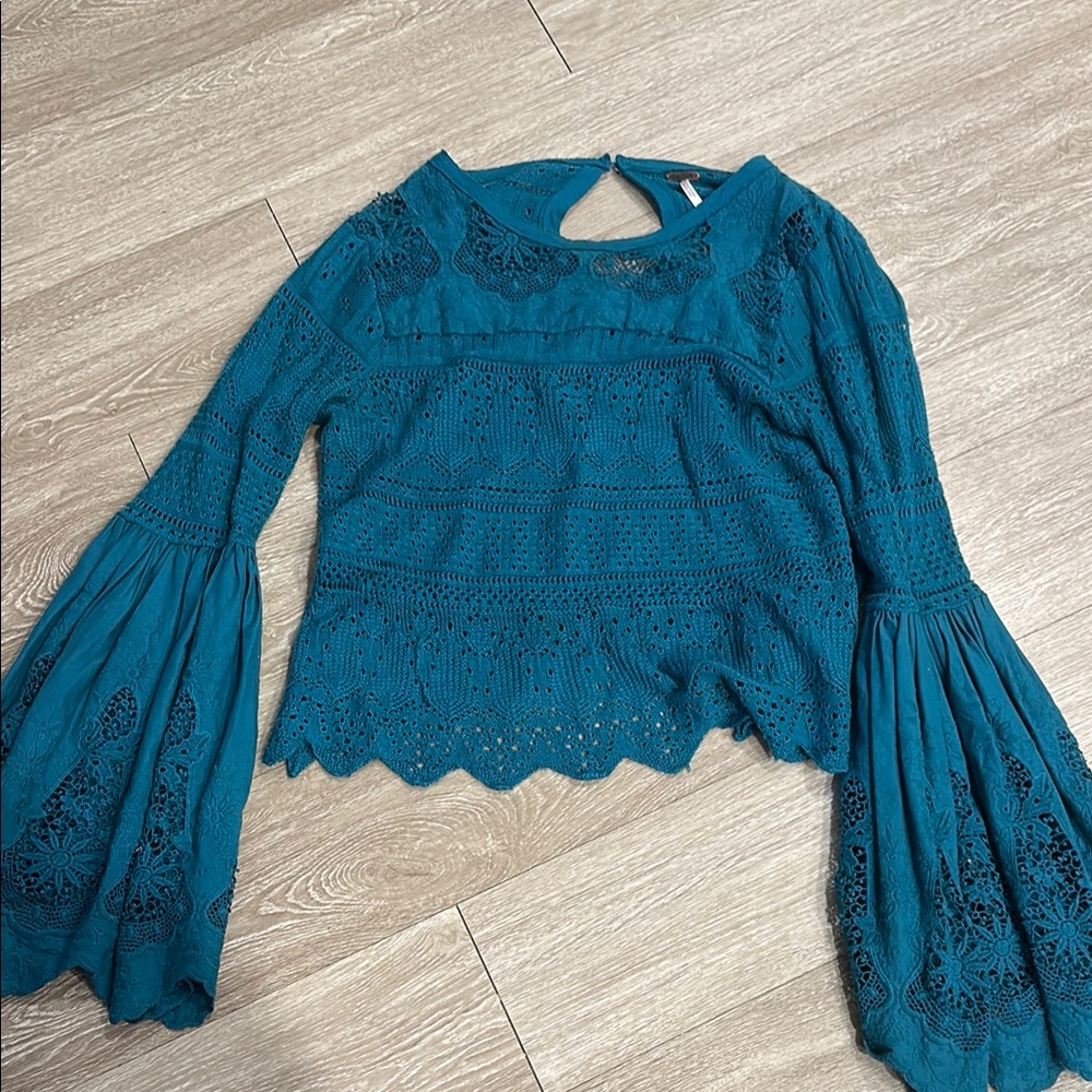 Free People Blue Asymmetrical Bell Sleeve Blouse